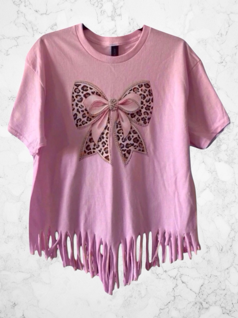 Pink Bow Fringe Tee – Country Glam Style Size L handmade